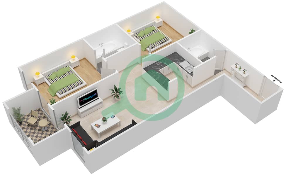 Чапал Хармони - Апартамент 2 Cпальни планировка Тип B5 interactive3D