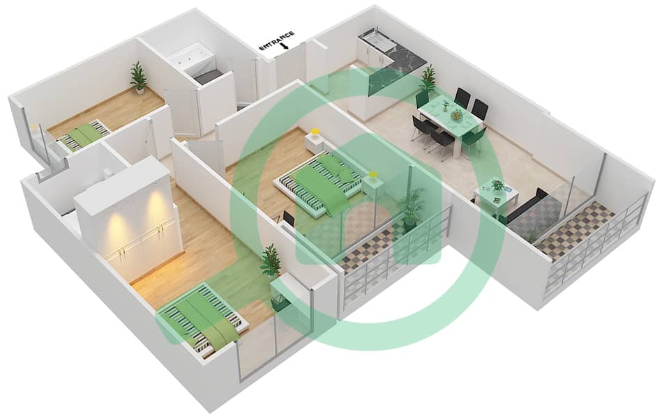 المخططات الطابقية لتصميم النموذج A2 شقة 3 غرف نوم - بارادايس ليك B4 interactive3D