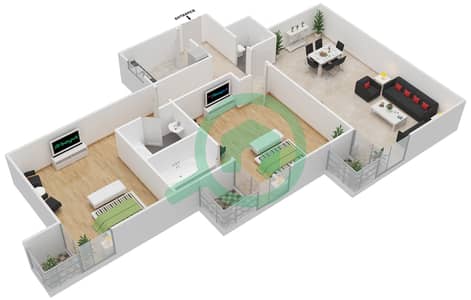 المخططات الطابقية لتصميم النموذج A شقة 2 غرفة نوم - برج فالكون A1