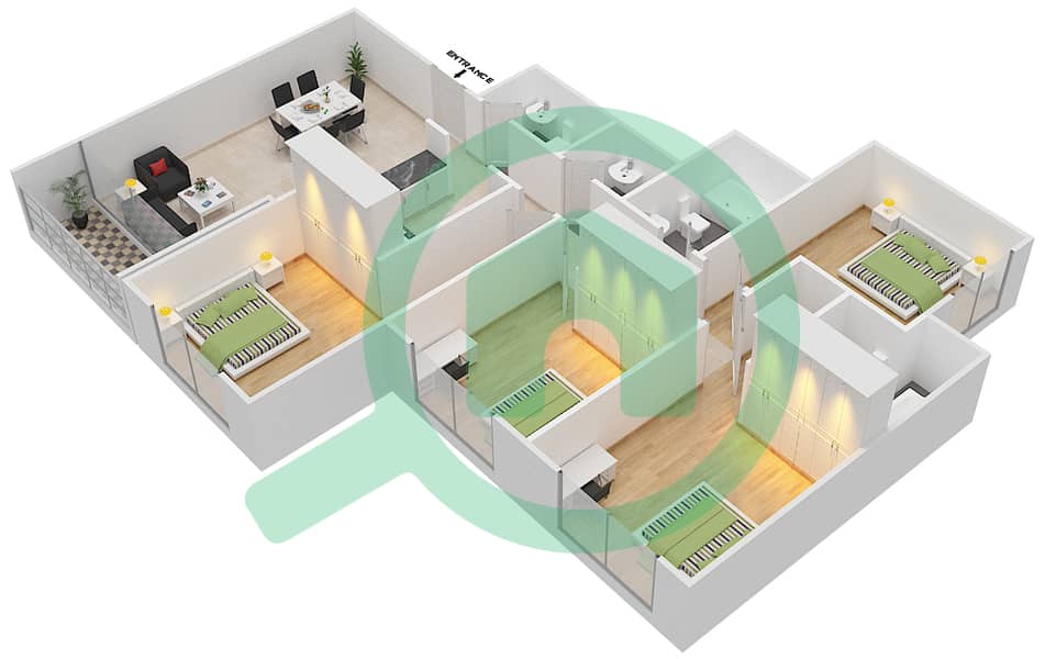 Парадайз Лейкс B4 - Апартамент 4 Cпальни планировка Тип A3 interactive3D