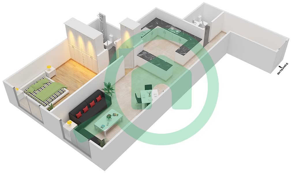 المخططات الطابقية لتصميم النموذج C1 شقة 1 غرفة نوم - بارادايس ليك B5 interactive3D