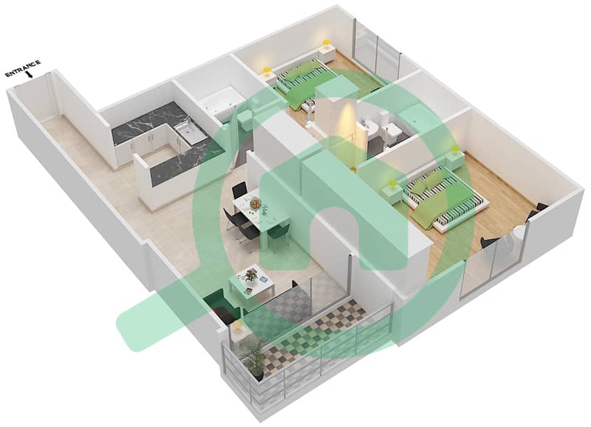المخططات الطابقية لتصميم النموذج B1 شقة 2 غرفة نوم - بارادايس ليك B4 interactive3D