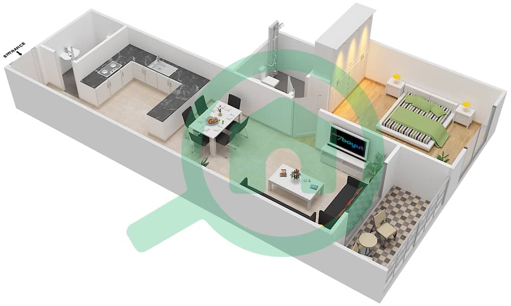 المخططات الطابقية لتصميم النموذج C2 شقة 1 غرفة نوم - بارادايس ليك B5 interactive3D
