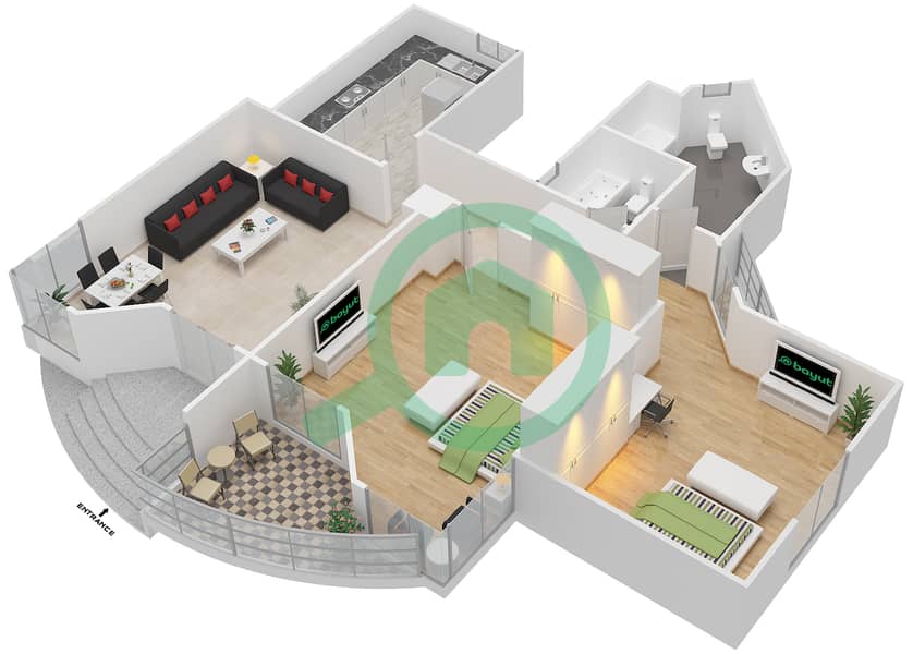 المخططات الطابقية لتصميم النموذج A6 شقة 2 غرفة نوم - أبراج الخور interactive3D