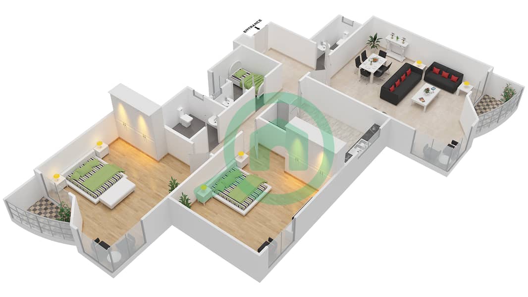 المخططات الطابقية لتصميم النموذج B1 شقة 2 غرفة نوم - أبراج الخور interactive3D