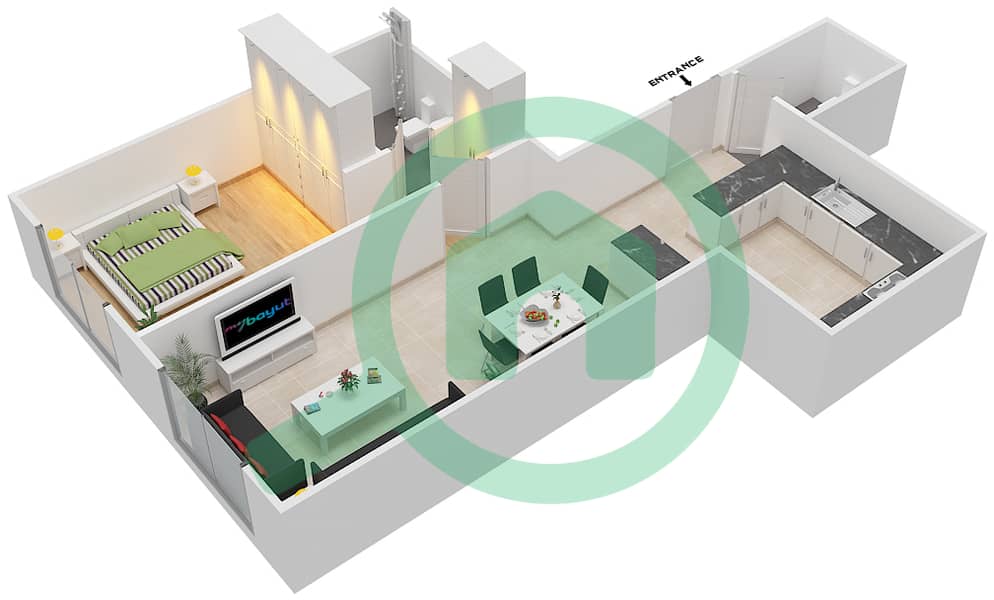 Парадис Лейкс B5 - Апартамент 1 Спальня планировка Тип C3 interactive3D