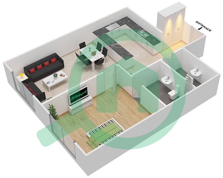 المخططات الطابقية لتصميم النموذج C6 شقة 1 غرفة نوم - بارادايس ليك B5 interactive3D