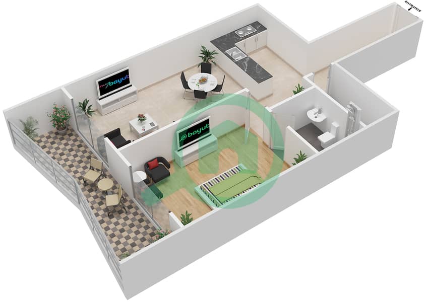 المخططات الطابقية لتصميم الوحدة 14 شقة 1 غرفة نوم - برج الزنبق interactive3D