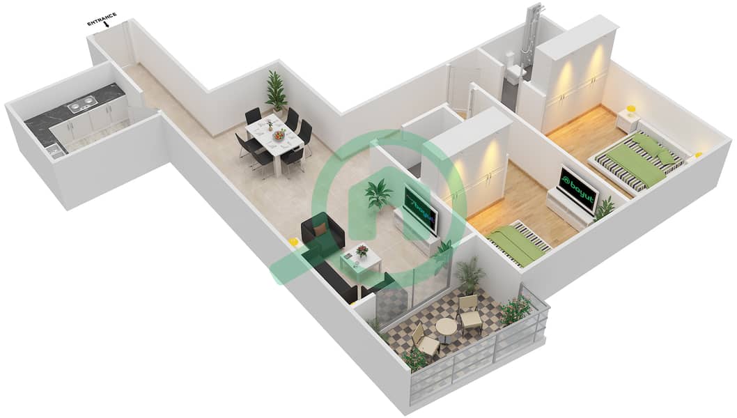 Лилис Тауэр - Апартамент 2 Cпальни планировка Единица измерения 15 interactive3D