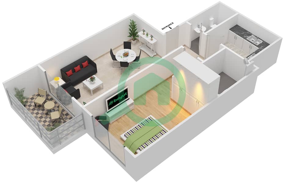 المخططات الطابقية لتصميم الوحدة 17 شقة 1 غرفة نوم - برج الزنبق interactive3D