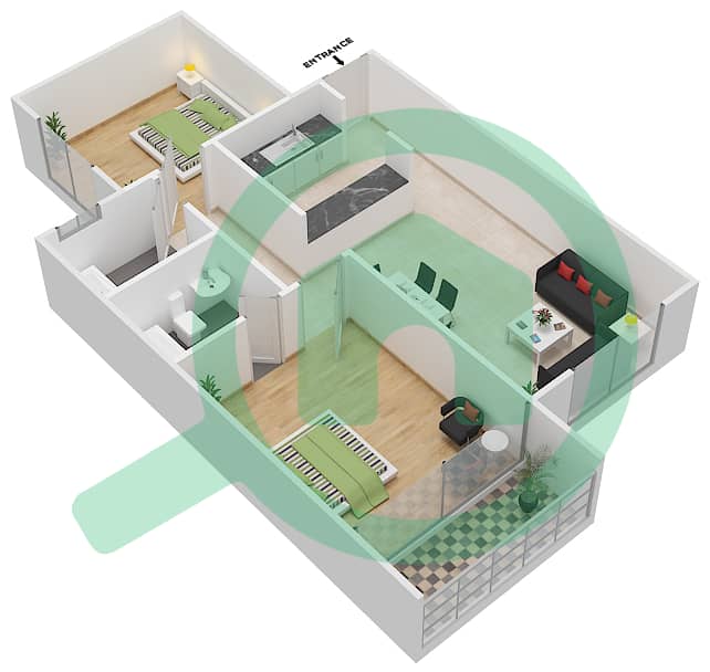 المخططات الطابقية لتصميم النموذج B2 شقة 2 غرفة نوم - بارادايس ليك B4 interactive3D