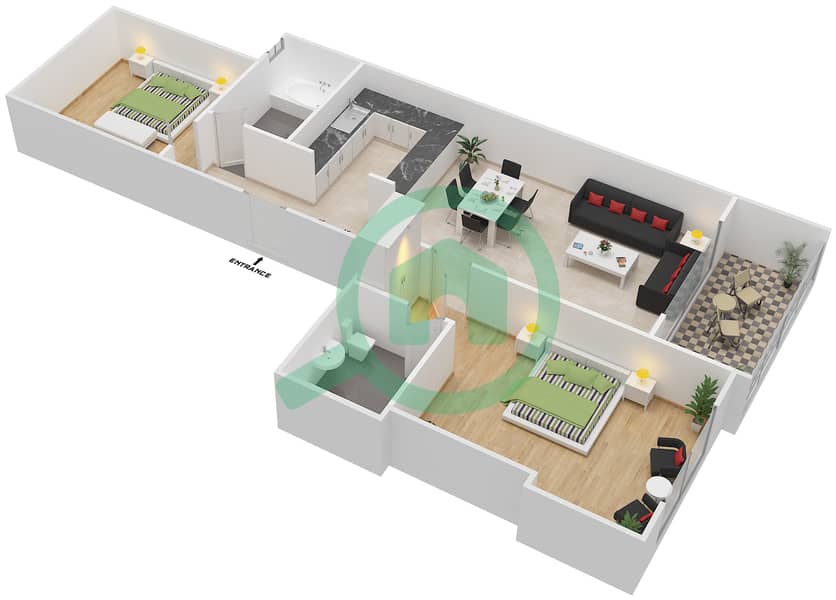Чапал Хармони - Апартамент 2 Cпальни планировка Тип A2 interactive3D