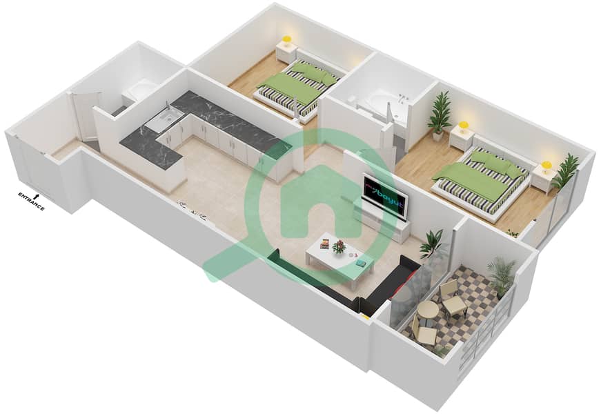Чапал Хармони - Апартамент 2 Cпальни планировка Тип A3 interactive3D
