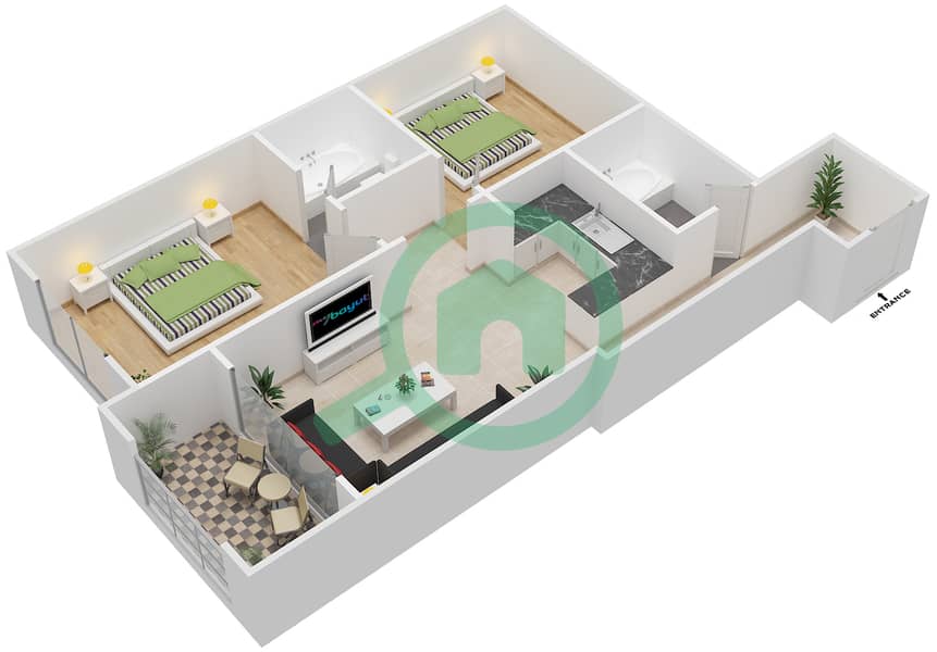 Чапал Хармони - Апартамент 2 Cпальни планировка Тип A4 interactive3D