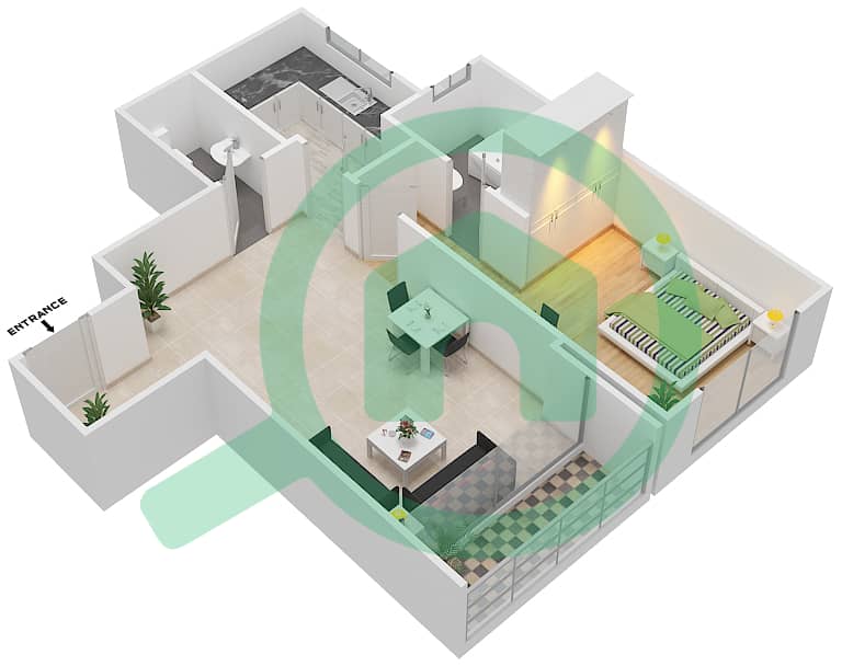 المخططات الطابقية لتصميم النموذج C1 شقة 1 غرفة نوم - بارادايس ليك B4 interactive3D