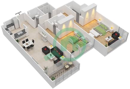 المخططات الطابقية لتصميم النموذج B شقة 2 غرفة نوم - أبراج عجمان ون