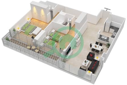 المخططات الطابقية لتصميم النموذج C شقة 2 غرفة نوم - أبراج عجمان ون