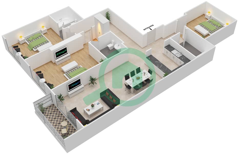Чапал Хармони - Апартамент 3 Cпальни планировка Тип B1 interactive3D