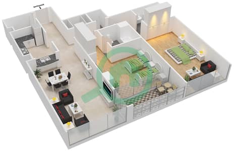 المخططات الطابقية لتصميم النموذج D شقة 2 غرفة نوم - أبراج عجمان ون