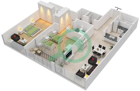 المخططات الطابقية لتصميم النموذج D1 شقة 2 غرفة نوم - أبراج عجمان ون