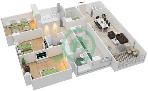 المخططات الطابقية لتصميم النموذج A شقة 3 غرف نوم - أبراج عجمان ون