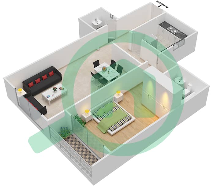 المخططات الطابقية لتصميم النموذج B شقة 1 غرفة نوم - برج ستايل interactive3D