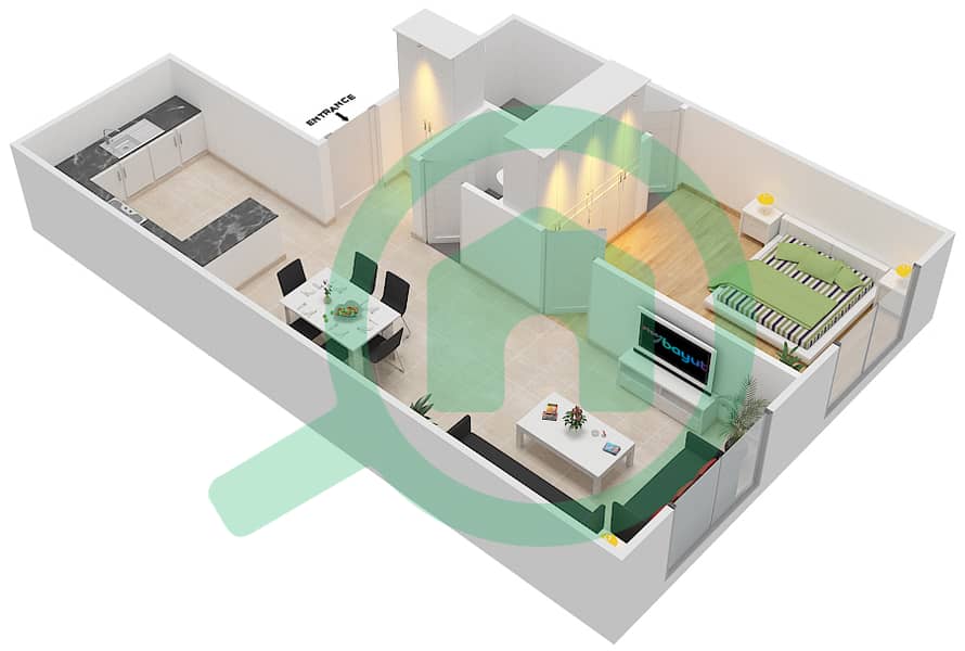 المخططات الطابقية لتصميم النموذج C4 شقة 1 غرفة نوم - بارادايس ليك B5 interactive3D