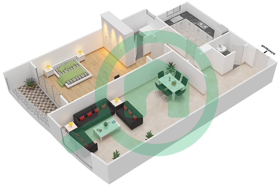المخططات الطابقية لتصميم النموذج C شقة 1 غرفة نوم - برج ستايل interactive3D