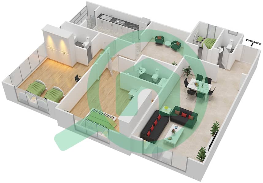 المخططات الطابقية لتصميم النموذج D شقة 2 غرفة نوم - برج ستايل interactive3D