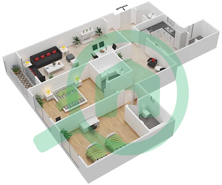 المخططات الطابقية لتصميم النموذج E شقة 2 غرفة نوم - برج ستايل interactive3D