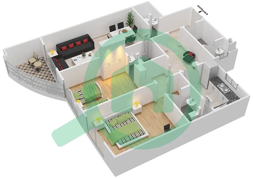 Стайл Тауэр - Апартамент 2 Cпальни планировка Тип F interactive3D