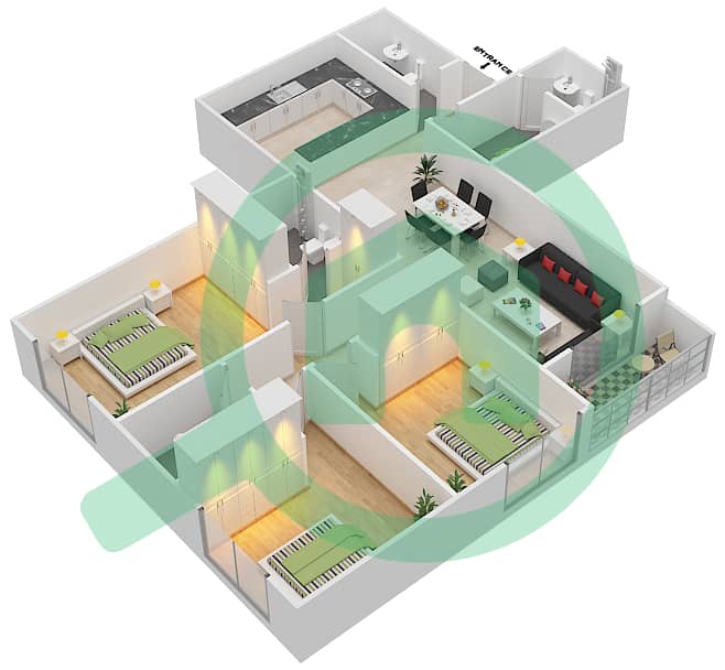 المخططات الطابقية لتصميم النموذج A شقة 3 غرف نوم - بارادايس ليك B5 interactive3D