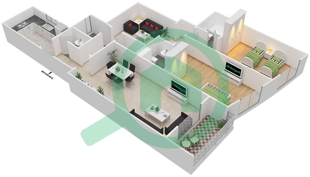 Стайл Тауэр - Апартамент 2 Cпальни планировка Тип G interactive3D
