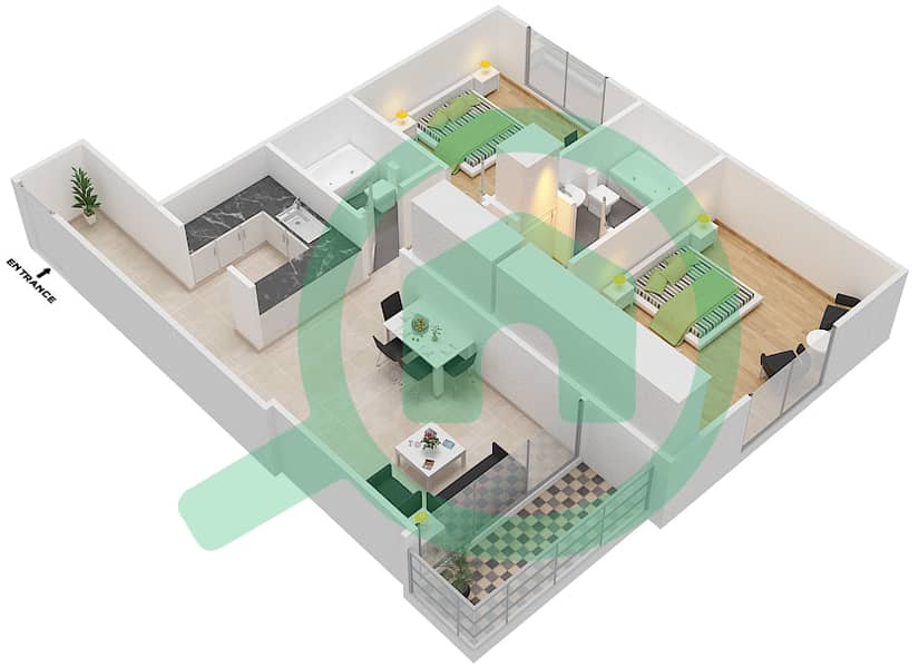 المخططات الطابقية لتصميم النموذج B 1 شقة 2 غرفة نوم - بارادايس ليك B4 interactive3D
