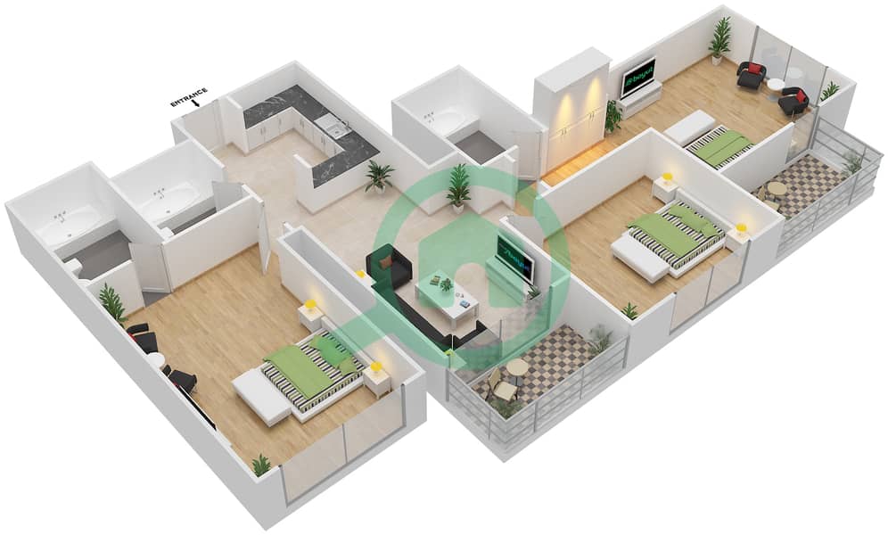 المخططات الطابقية لتصميم النموذج B3 شقة 3 غرف نوم - شابال ذا هارموني interactive3D