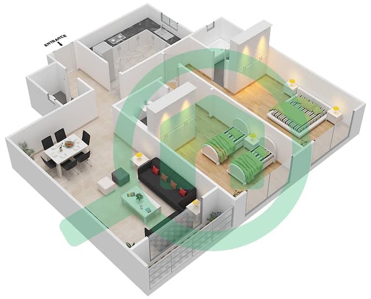 Стайл Тауэр - Апартамент 2 Cпальни планировка Тип H interactive3D