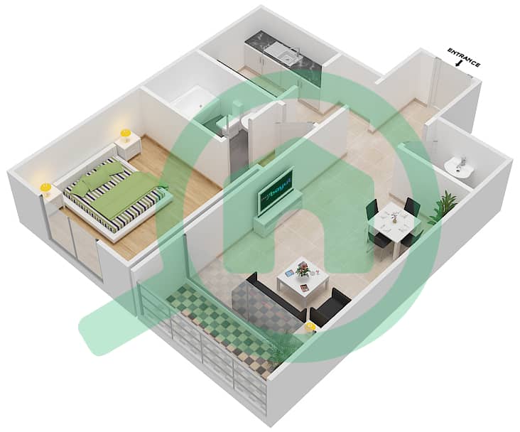 المخططات الطابقية لتصميم النموذج C2 شقة 1 غرفة نوم - بارادايس ليك B4 interactive3D