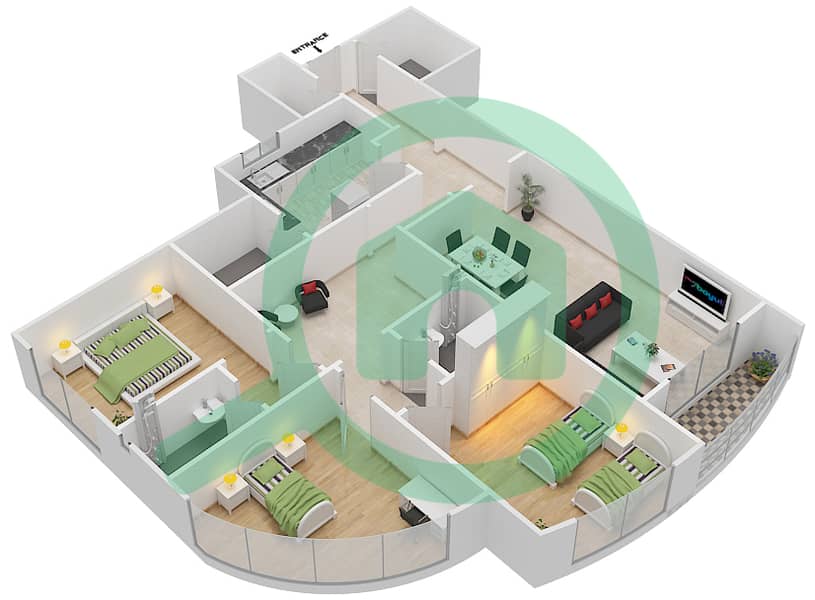 المخططات الطابقية لتصميم النموذج I شقة 3 غرف نوم - برج ستايل interactive3D