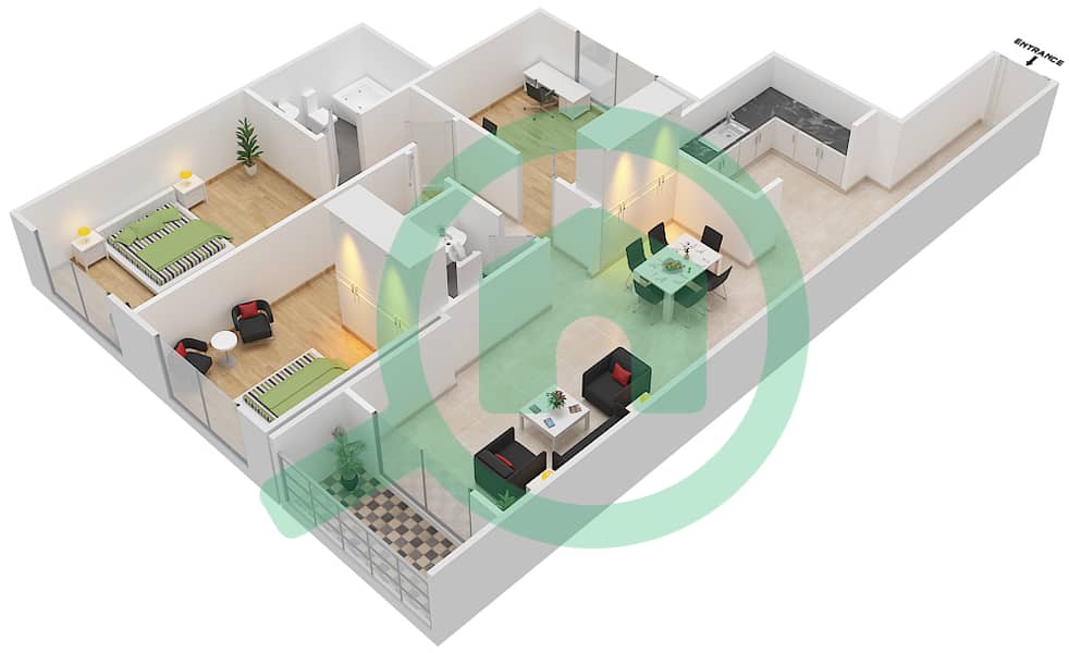 المخططات الطابقية لتصميم النموذج A شقة 2 غرفة نوم - بارادايس ليك B3 interactive3D