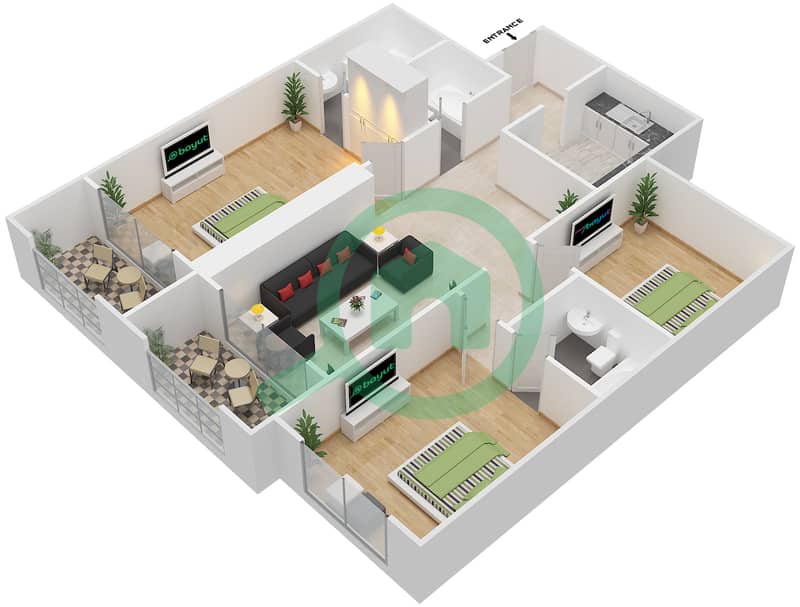 المخططات الطابقية لتصميم النموذج B2 شقة 3 غرف نوم - شابال ذا هارموني interactive3D