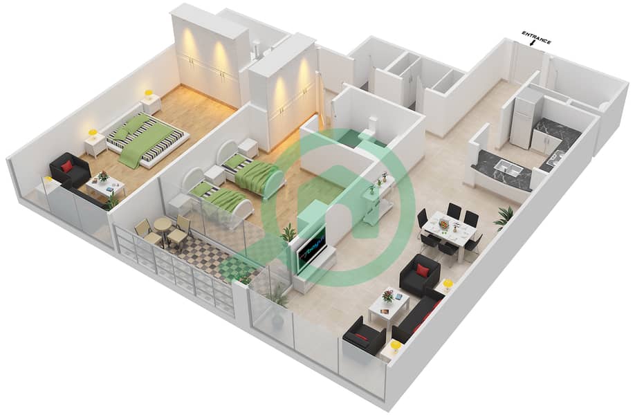 Ajman One Towers - 2 Bedroom Apartment Type D1 Floor plan interactive3D