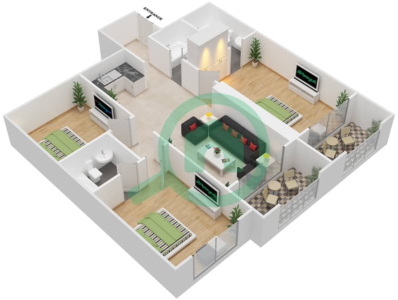 المخططات الطابقية لتصميم النموذج B4 شقة 3 غرف نوم - شابال ذا هارموني interactive3D