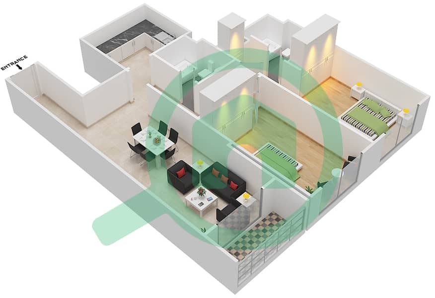 المخططات الطابقية لتصميم النموذج B1 شقة 2 غرفة نوم - بارادايس ليك B3 interactive3D