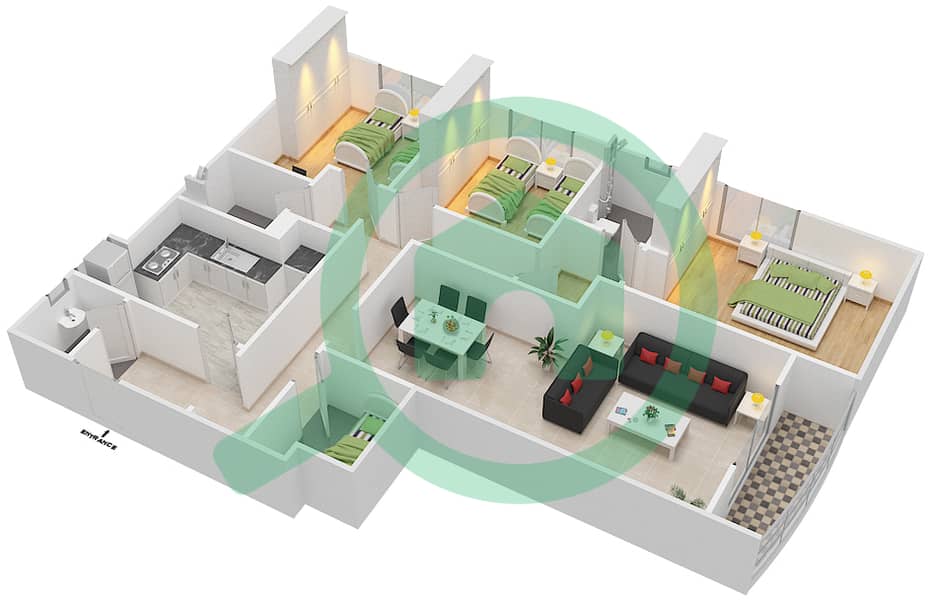 المخططات الطابقية لتصميم النموذج K شقة 3 غرف نوم - برج ستايل interactive3D