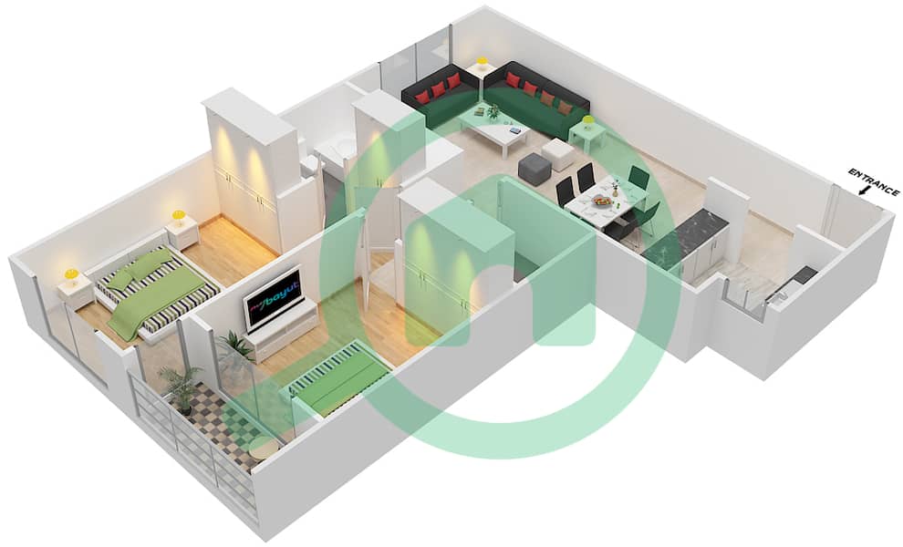 المخططات الطابقية لتصميم النموذج / الوحدة A/1 شقة 2 غرفة نوم - أبراج أحلام جولدكريست interactive3D