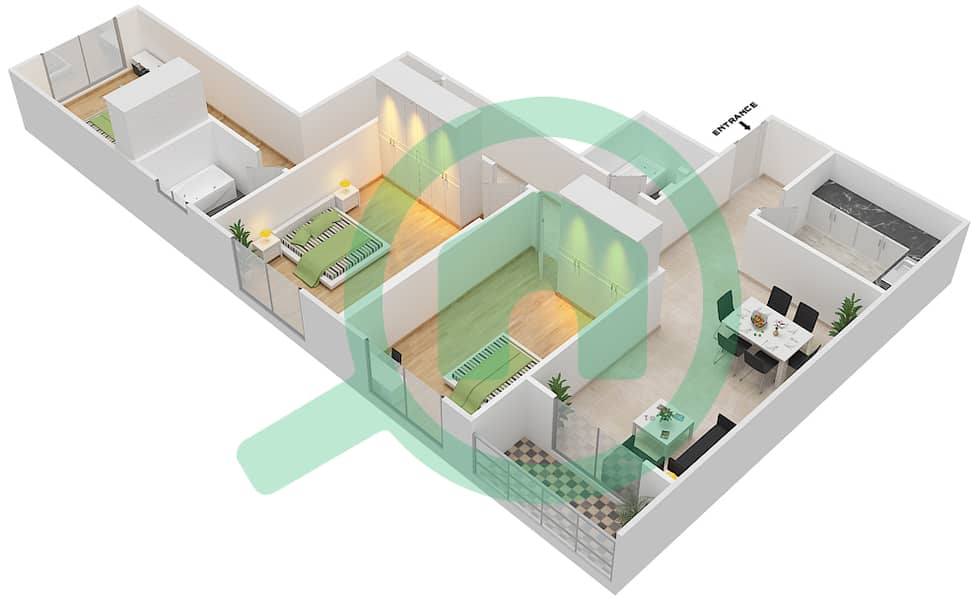 المخططات الطابقية لتصميم النموذج A2 شقة 3 غرف نوم - بارادايس ليك B9 interactive3D
