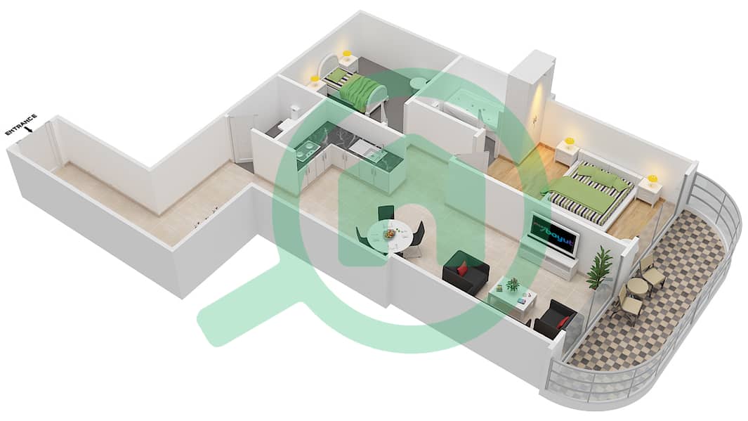 玫瑰大厦 - 1 卧室公寓类型B1戶型图 interactive3D