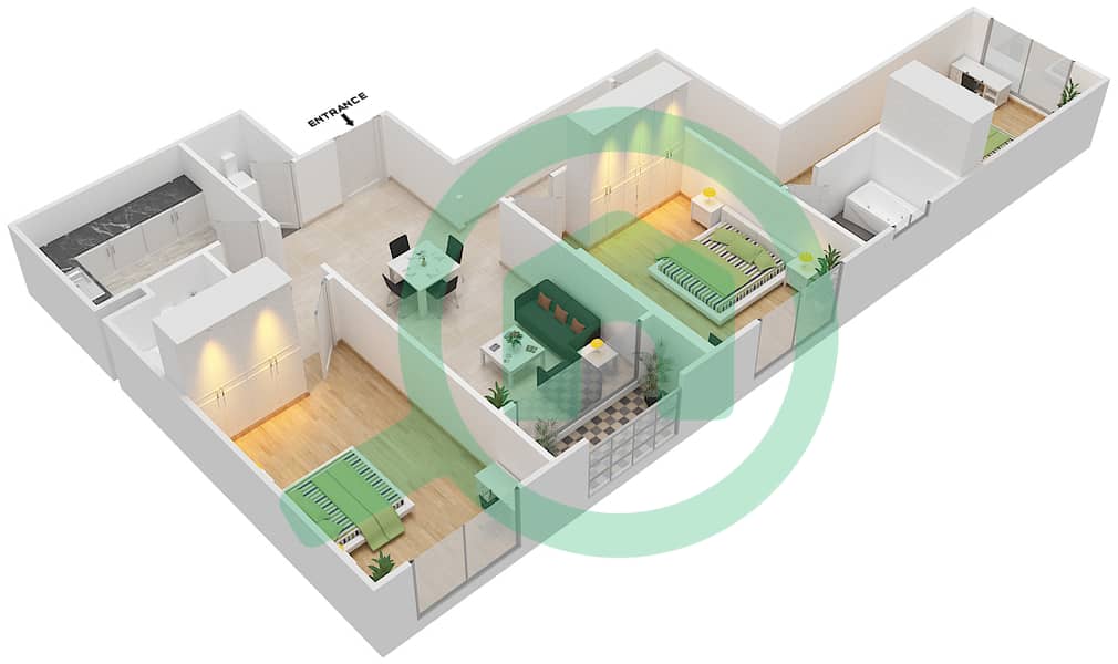 Парадис Лейкс B9 - Апартамент 3 Cпальни планировка Тип A3 interactive3D
