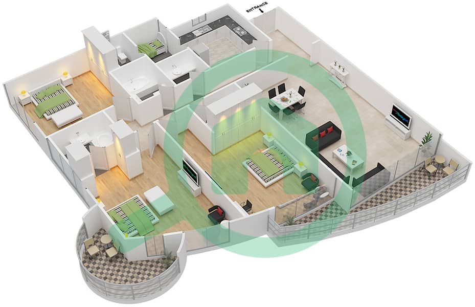 المخططات الطابقية لتصميم الوحدة 4,13 شقة 3 غرف نوم - برج هورايزون A interactive3D