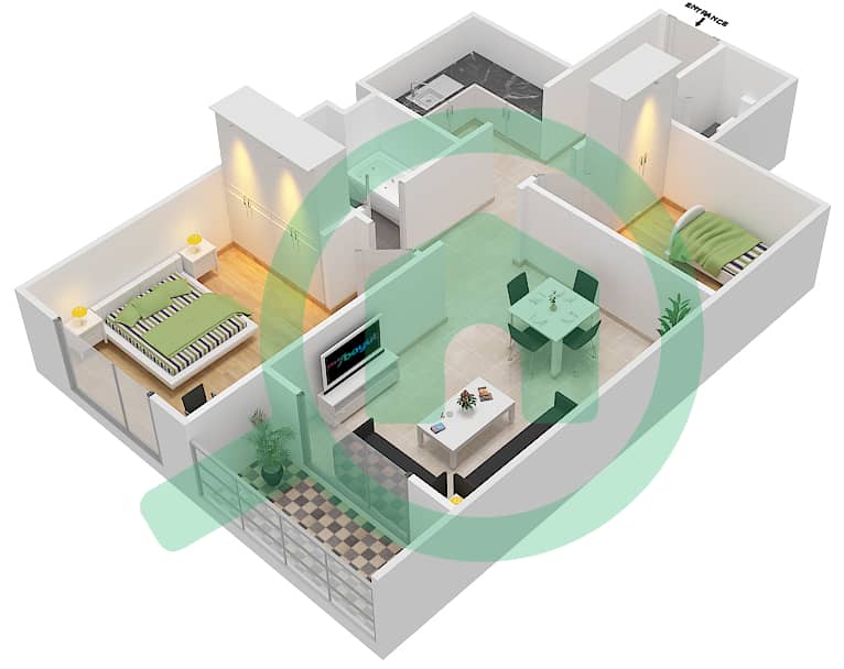 المخططات الطابقية لتصميم النموذج B1 شقة 1 غرفة نوم - بارادايس ليك B9 interactive3D